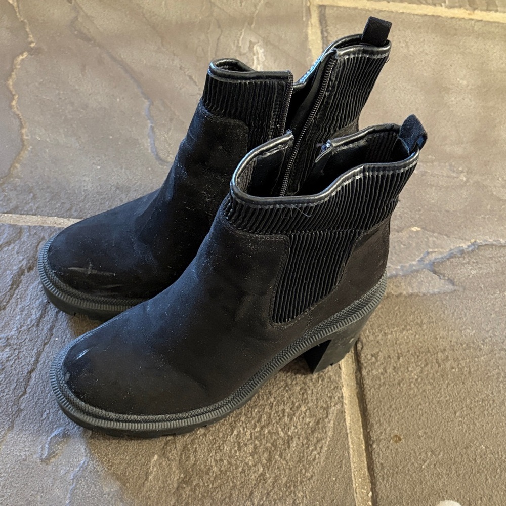 Jennifer Lopez Black Suede-Look Ankle Booties with Ribbed Elastic Panels